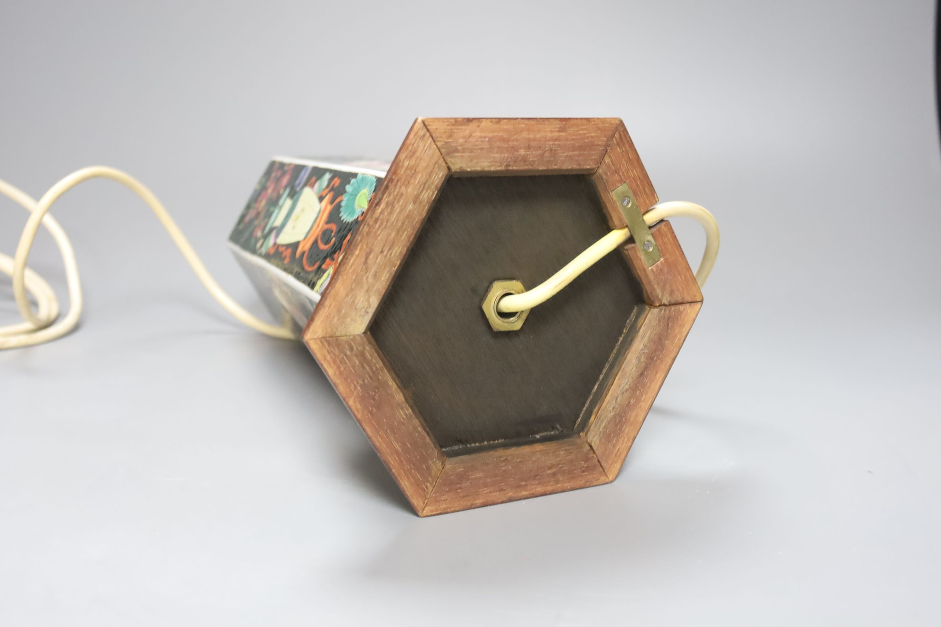 A Chinese famille noire hexagonal vase, later mounted as a lamp, total height 33.5cm